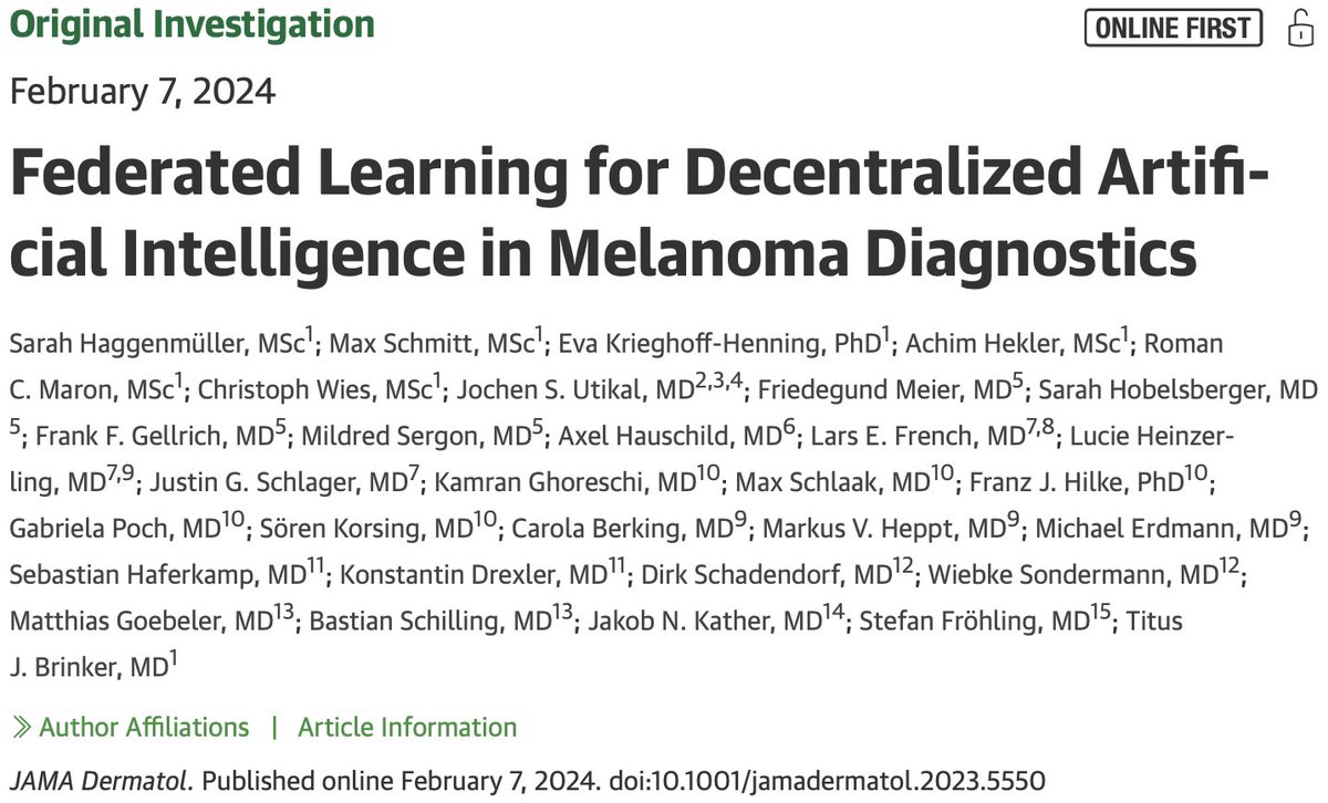Our new paper is out @ JAMA Dermatology! 🎉 Together with six German University Hospitals, we demonstrated that a #federated #learning approach for decentralized #AI in #Melanoma #Diagnostics is superior to centralized approaches. Enjoy reading: jamanetwork.com/journals/jamad… @DKFZ