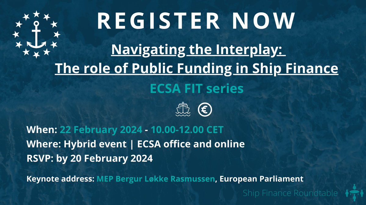 📢 EVENT ALERT Join us for an ECSA FIT event on: 'Navigating the Interplay: the role of Public Funding in Ship Finance' Keynote: @BergurLokke MEP 🕙22/02/2024 | 10.00-12.00 CET 📍ECSA office and online 📩 RSVP by 20/02/2024 ⤵ docs.google.com/forms/d/e/1FAI… Agenda to follow! ⚓
