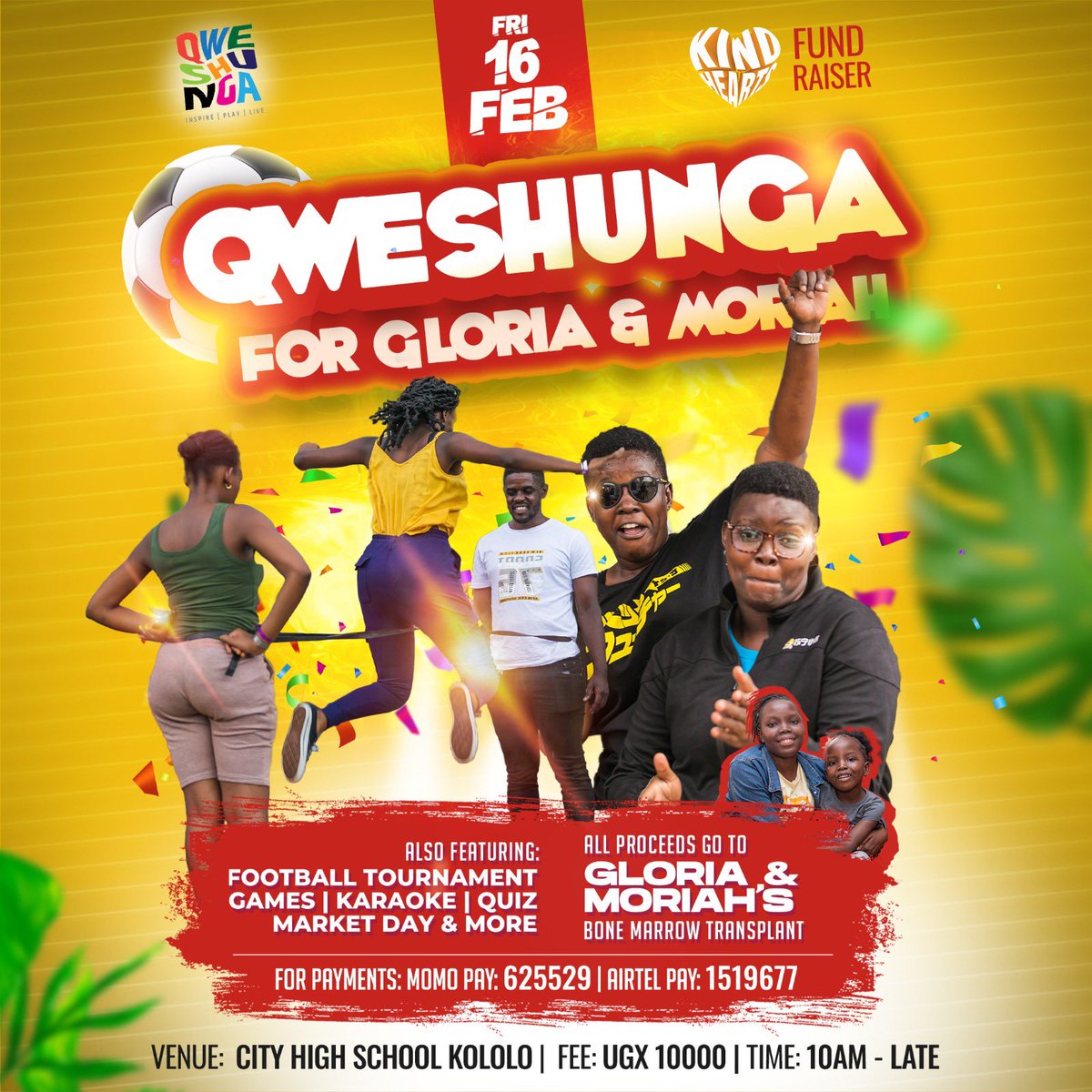 Get ready to #Qweshunga for Gloria & Moriah - let’s have fun as we raise funds for their bone marrow transplant Fri 16th Feb 2024 • City High School ✔️ 5-Aside football ✔️Games by @qweshunga ✔️ Karaoke by @funkykaraoke ✔️ DJ sets & Quiz Entrance is 10k, see you there 💯