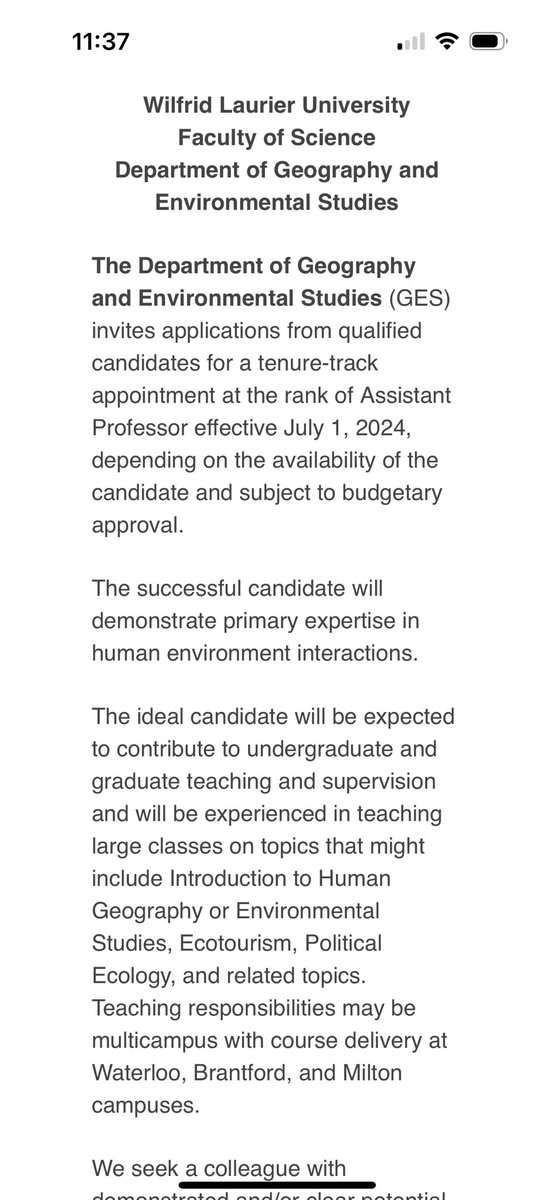 My department has a TT opening for prof at intersection of human geography & environmental studies. I’ve screen grabbed part of the ad, see RT post below for link.