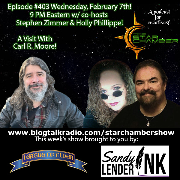 A new live episode tonight!

Featured guest is speculative fiction author Carl R. Moore!  

Find tonight's show page at: blogtalkradio.com/starchambersho… 

#writing #podcast #authors