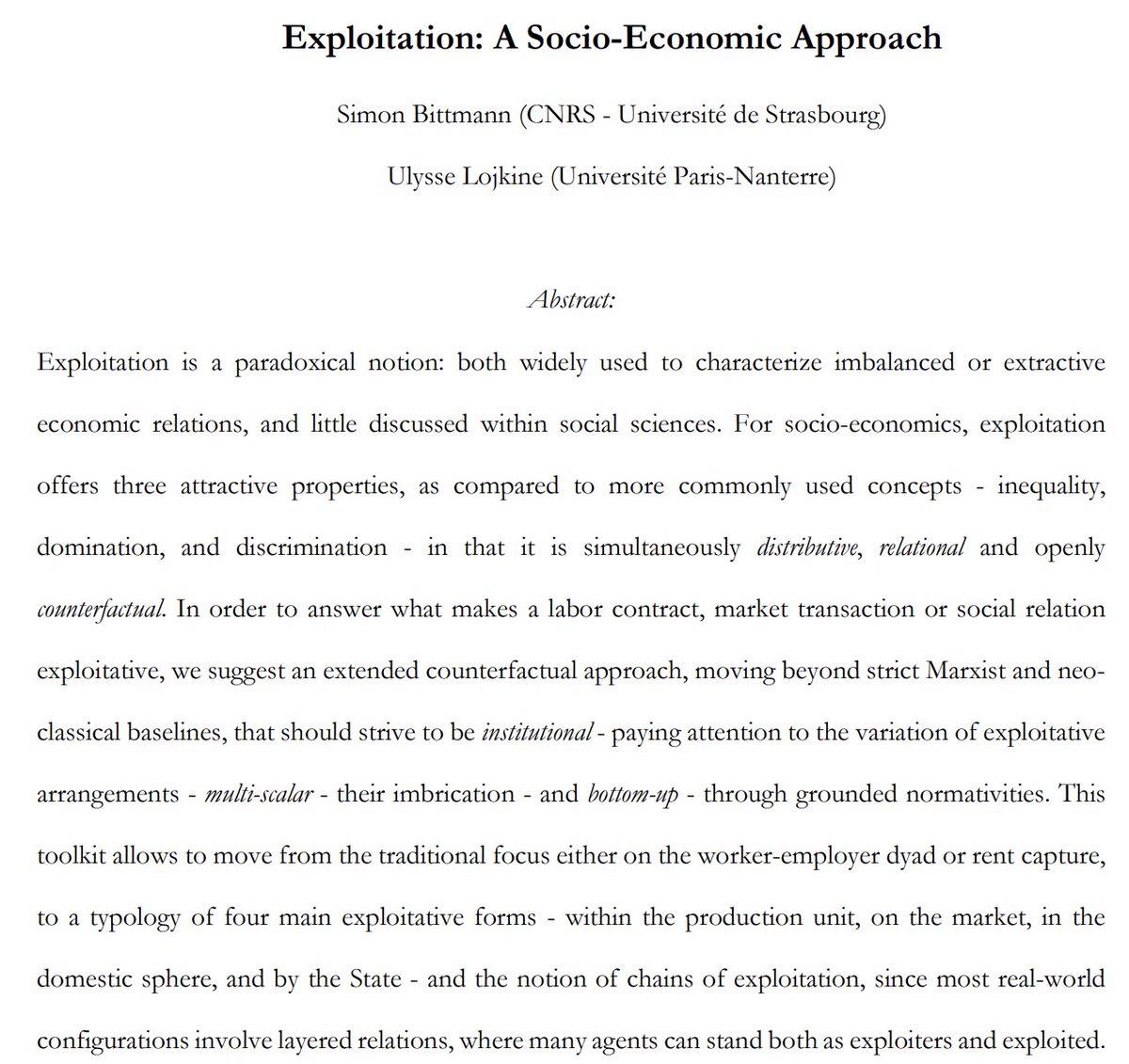 New working paper:
Exploitation. A socio-economic approach

joint work with sociologist Simon Bittmann hal.science/hal-04435653