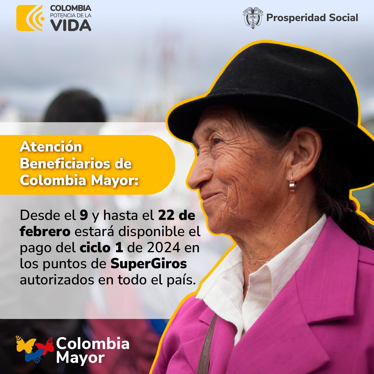 AlcdeConvencion's tweet photo. ¡Beneficiarios del Programa #ColombiaMayor!
Desde la oficina de Colombia Mayor de #Convención informamos que los pagos del ciclo 1 de 2024 se llevarán a cabo desde el viernes 9 de febrero al  22 de febrero.
Recuerda que lo puedes retirar en cualquiera de los puntos de súper giros https://t.co/XFJPNEC65I