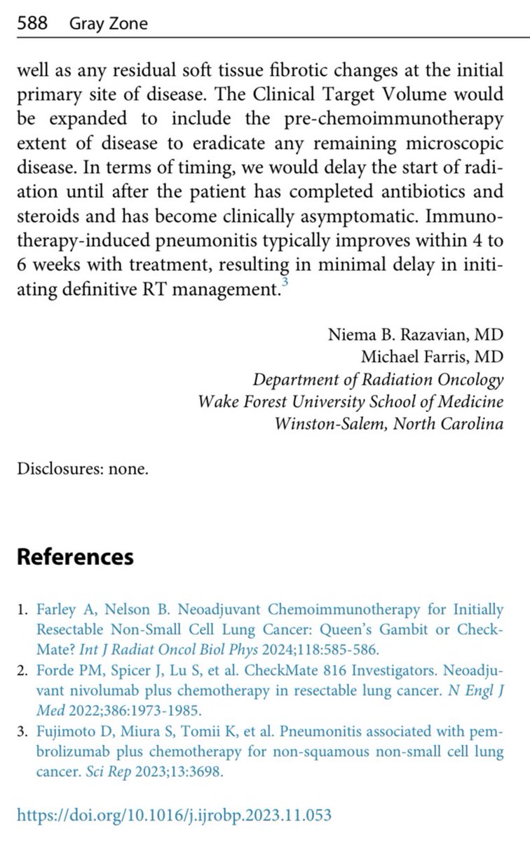Niema Razavian, MD (@radoncdoc_niema) on Twitter photo Interesting #GrayZone case out now in <a href="/IJROBP/">IJROBP - The Red Journal</a>: what do you do if a pt gets neoadjuvant chemo per CheckMate 816 for NSCLC 🫁, but cannot get surgery 🔪?
Our opinion: Don’t wait, consolidate!
🔗: tinyurl.com/tme933t6
#radonc #lcsm Interesting #GrayZone case out now in <a href="/IJROBP/">IJROBP - The Red Journal</a>: what do you do if a pt gets neoadjuvant chemo per CheckMate 816 for NSCLC 🫁, but cannot get surgery 🔪?
Our opinion: Don’t wait, consolidate!
🔗: tinyurl.com/tme933t6
#radonc #lcsm