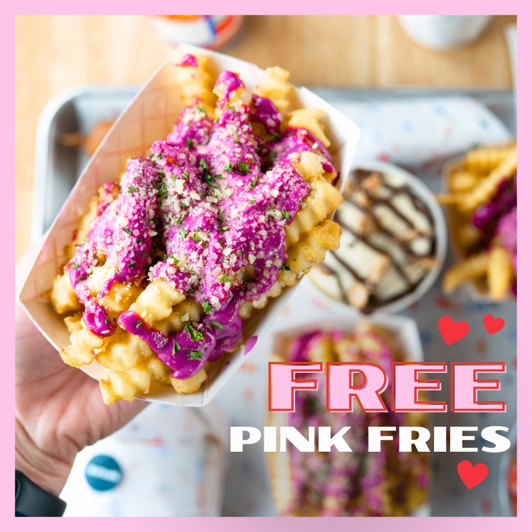 Calling all sweethearts 😍 Share FREE Pink Fries with the purchase of 2 entrees on 2/14 online and in-store! 🍟