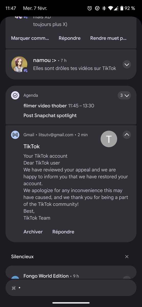 Ptdr le coup de flippe que j'ai eu ce matin, j'essaye de me co à mon compte TikTok et il est BANNI dcp je fais contestation et en 3min il est restauré en mode oups c'était une erreur 🤣😭