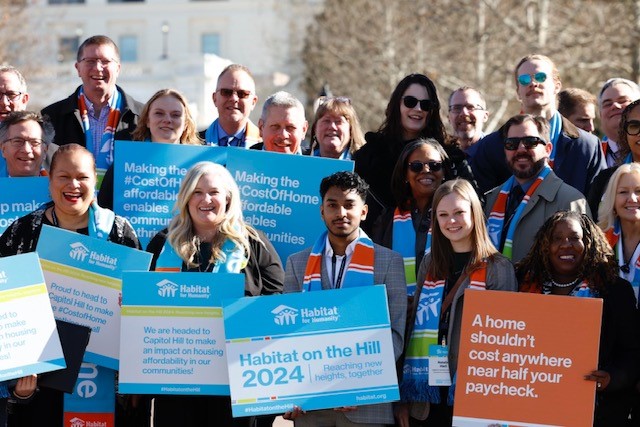 Habitat_org's tweet photo. Habitat for Humanity cannot solve the housing supply crisis by building alone, we are putting a stake in the ground, showing up and demanding change – today more than 400 advocates are on Capitol Hill, making their voices heard. #HabitatontheHill https://t.co/60JuSJykEe