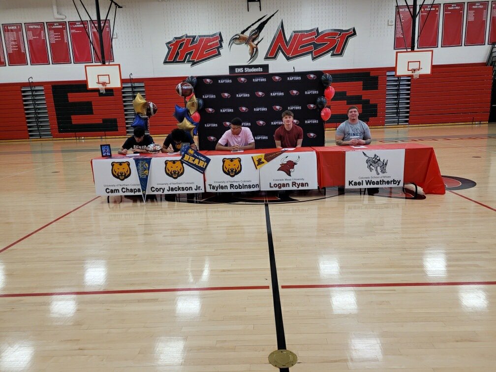 Eaglecrest Athletics (@raptorathletics) on Twitter photo Congrats to our five Raptor football signees today:
Cam Chapa, Cory Jackson, and Taylen Robinson - U of Northern Colorado
Logan Ryan - Colorado Mesa
Kael Weatherby - Colorado School of Mines
<a href="/aurorasports/">Sentinel Prep Sports</a> <a href="/CCSDATHACT1/">Cherry Creek Schools Athletics & Activities</a> <a href="/postpreps/">Denver Post Preps</a> <a href="/WeAreEaglecrest/">Eaglecrest Raptors</a> Congrats to our five Raptor football signees today:
Cam Chapa, Cory Jackson, and Taylen Robinson - U of Northern Colorado
Logan Ryan - Colorado Mesa
Kael Weatherby - Colorado School of Mines
<a href="/aurorasports/">Sentinel Prep Sports</a> <a href="/CCSDATHACT1/">Cherry Creek Schools Athletics & Activities</a> <a href="/postpreps/">Denver Post Preps</a> <a href="/WeAreEaglecrest/">Eaglecrest Raptors</a>