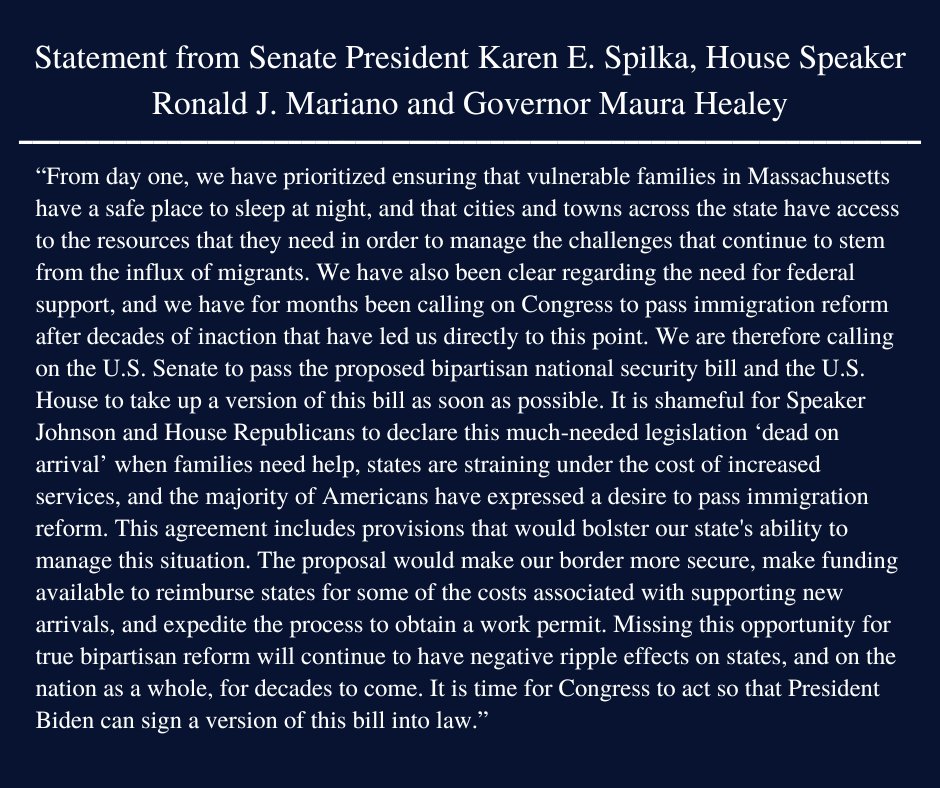 It's time for Congress to pass legislation that addresses the situation at the border and that provides support for states and municipalities that are dealing with the fallout of this crisis. Please see my statement below with Governor Healey and Senate President Spilka.