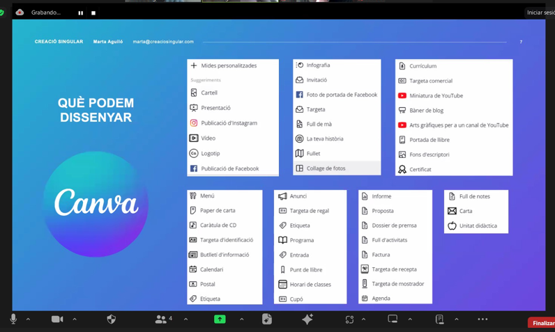 🎨Imatges, textos, tipografies, formes i logos

Primera sessió del taller "Optimitzant la imatge gràfica del centre creant contingut amb Canva" amb <a href="/martaguilo/">Marta Aguiló</a>, que ens ha familiaritzat amb l'eina de disseny gràfic en línia #TotComunica