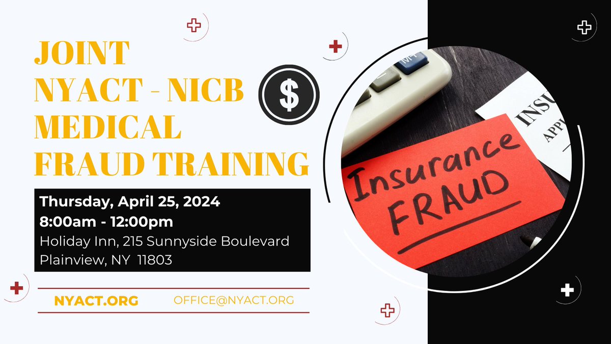 _NYACT's tweet image. Save the Date for the Joint NYACT - NICB Medical Fraud Training on April 25th! bit.ly/2024JointMedFr…
#MedicalFraud #nyact #insurancefraud #Crime #insurance #fraudprevention
