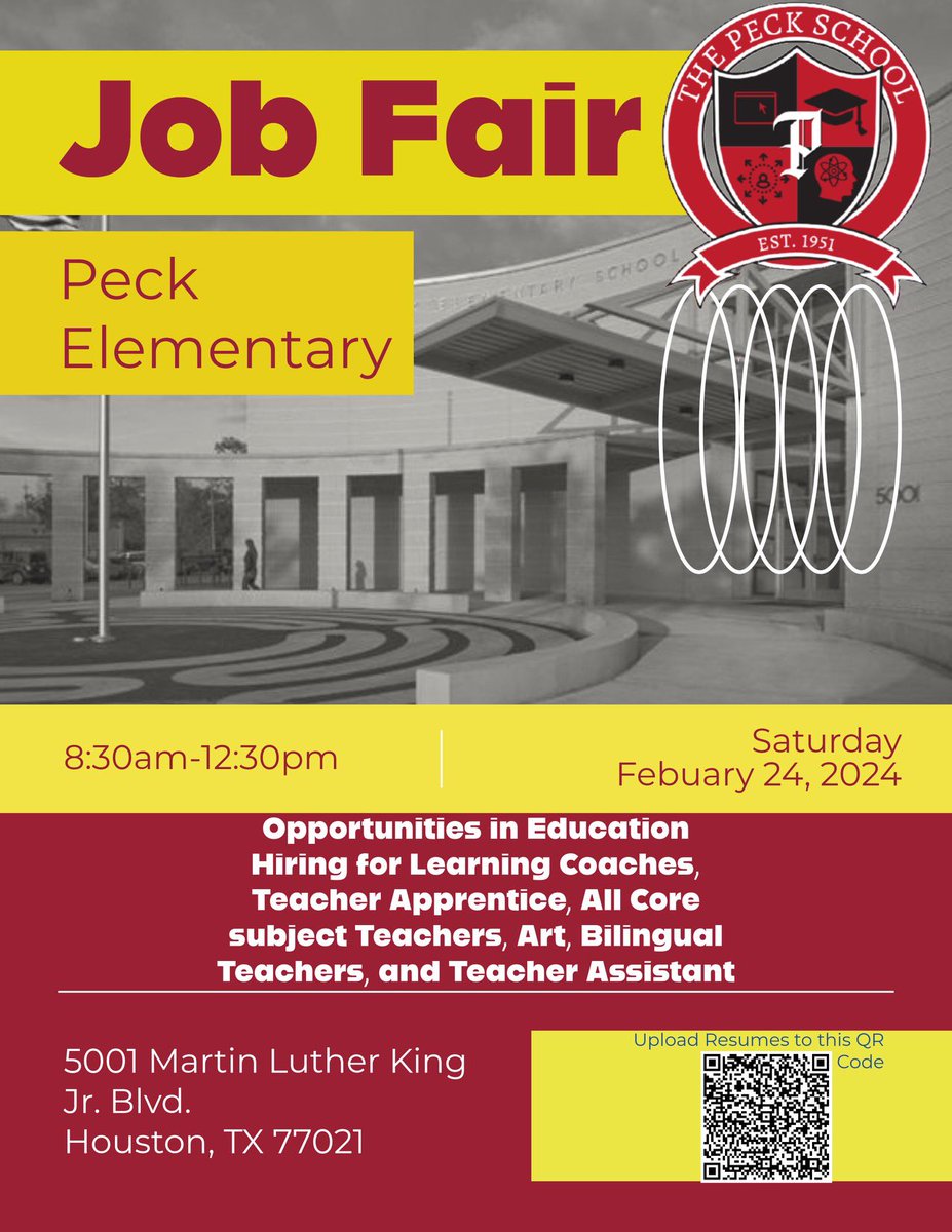 "📢 Join us at the Peck Elementary Job Fair on Saturday, Feb 24, 2024, from 8:30am-12:30pm! Explore exciting opportunities in education, including roles such as Learning Coaches, Teacher Apprentice, Core Subject Teachers, Art, Bilingual Teachers, and Teacher Assistants.
