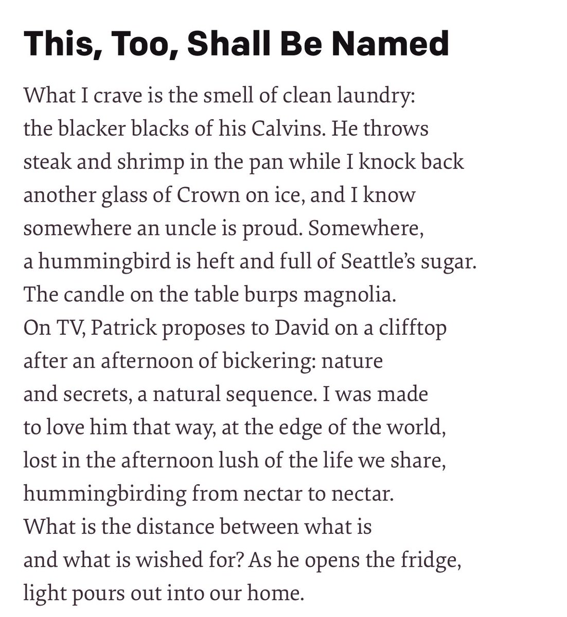 Luther Hughes (@lutherxhughes) on Twitter photo New (love) poem alert in <a href="/SeattleMet/">Seattle Met</a>ās new poetry section curated by <a href="/PaulHlava/">Paul Hlava Ceballos</a>ā āThis, Too, Shall Be Namedā
Thanks Paul for giving this little one some wings āŗļø New (love) poem alert in <a href="/SeattleMet/">Seattle Met</a>ās new poetry section curated by <a href="/PaulHlava/">Paul Hlava Ceballos</a>ā āThis, Too, Shall Be Namedā
Thanks Paul for giving this little one some wings āŗļø