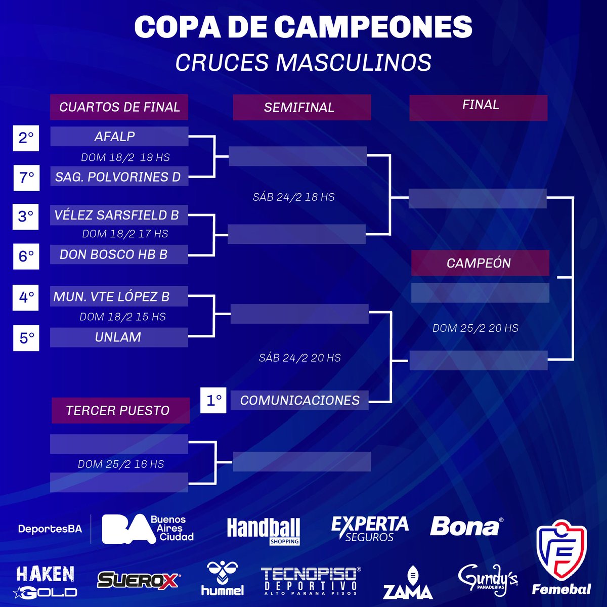 🏆¡Se viene la 2º Copa de Campeones!

📆 Los días 17, 18, 24 y 25 de febrero se disputará la segunda edición de la Copa de Campeones, torneo que nuclea a los ganadores de los Súper 8 de las divisiones de Liga de Honor Plata hasta la Tercera División en ambas ramas.