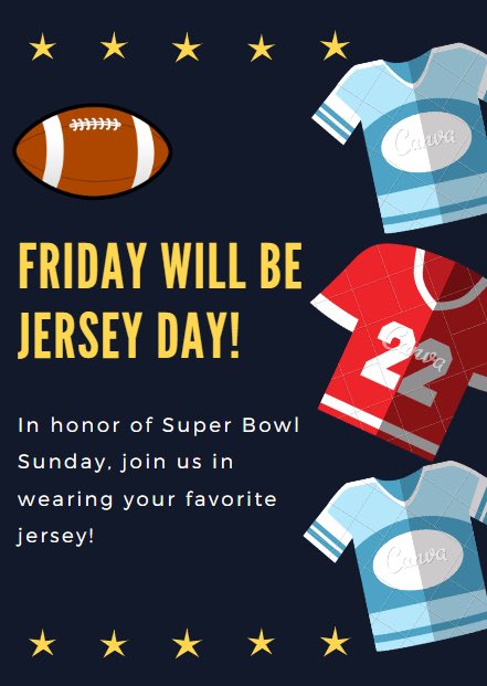 In honor of Super Bowl Sunday, this Friday will be JERSEY DAY!
Join us in wearing your favorite jersey!⚽️🏀🏈⚾️
•
•
•
¡En honor al domingo del Super Bowl, este viernes será el DÍA DE JERSEY! ¡Únete a nosotros con tu camiseta favorita!⚽️🏀🏈⚾️