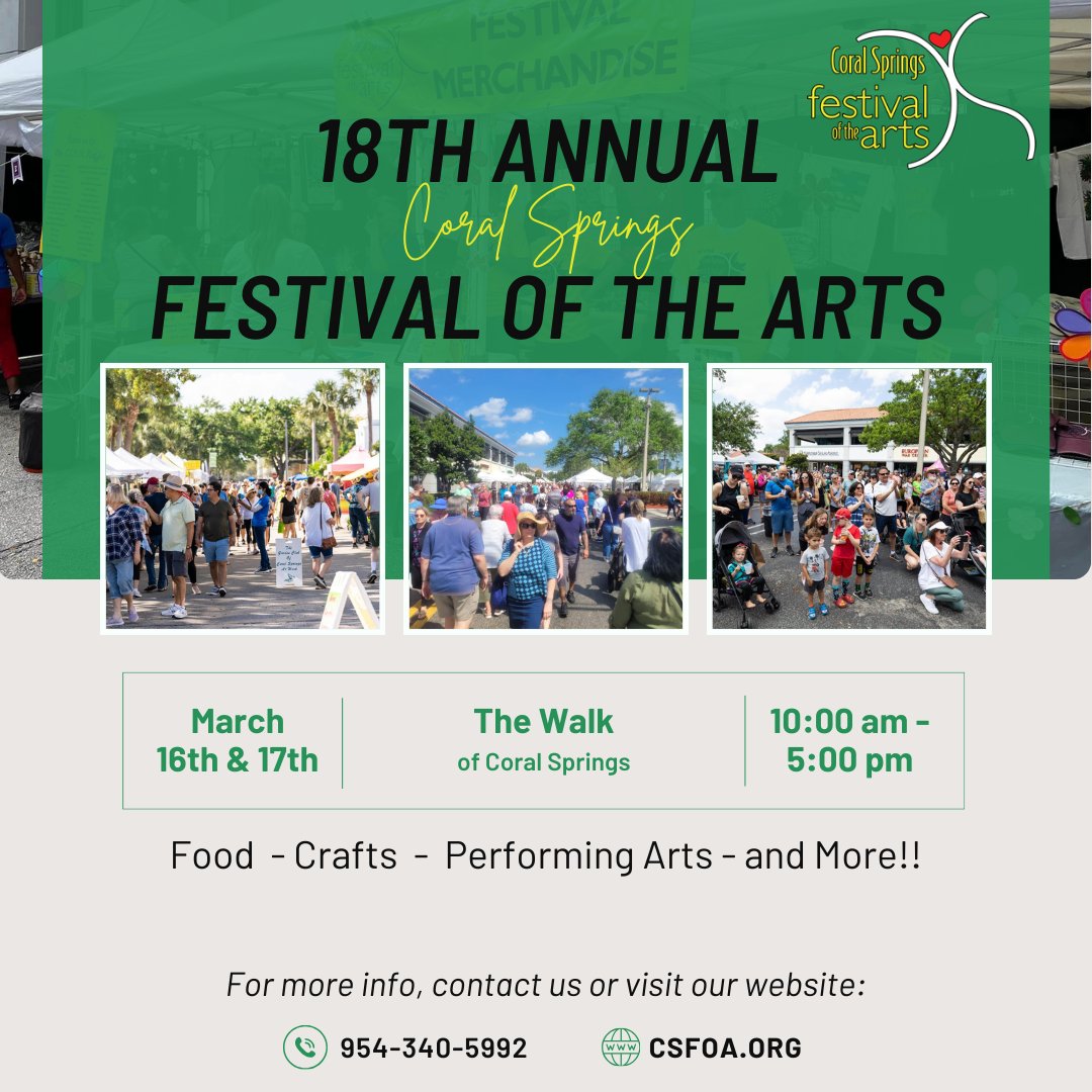 csfoa1's tweet photo. Experience a weekend filled with art, culture, and entertainment at the 18th Annual Festival of the Arts!  Don't miss out on this fantastic event. Saturday, March 16th and Sunday, March 17th 10:00am-5:00pm both days. https://t.co/kRQLhxBzpf