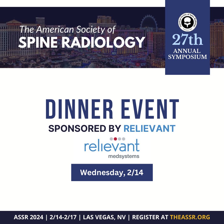 American Society of Spine Radiology (ASSR) (@the_assr) on Twitter photo If you'll be at #ASSR24 next Wednesday, join <a href="/JoshuaAHirsch/">Josh Hirsch</a> and <a href="/dougbeall/">Douglas Beall</a> for this special dinner event sponsored by <a href="/RelievantMed/">Intracept by Boston Scientific</a>! On the menu for discussion: "Diagnosing & Treating Vertebrogenic Pain."
📆 Wednesday, 2/14
⏰ 6:30pm-9:30pm
RSVP here: go.relievant.com/l/1014912/2024… If you'll be at #ASSR24 next Wednesday, join <a href="/JoshuaAHirsch/">Josh Hirsch</a> and <a href="/dougbeall/">Douglas Beall</a> for this special dinner event sponsored by <a href="/RelievantMed/">Intracept by Boston Scientific</a>! On the menu for discussion: "Diagnosing & Treating Vertebrogenic Pain."
📆 Wednesday, 2/14
⏰ 6:30pm-9:30pm
RSVP here: go.relievant.com/l/1014912/2024…