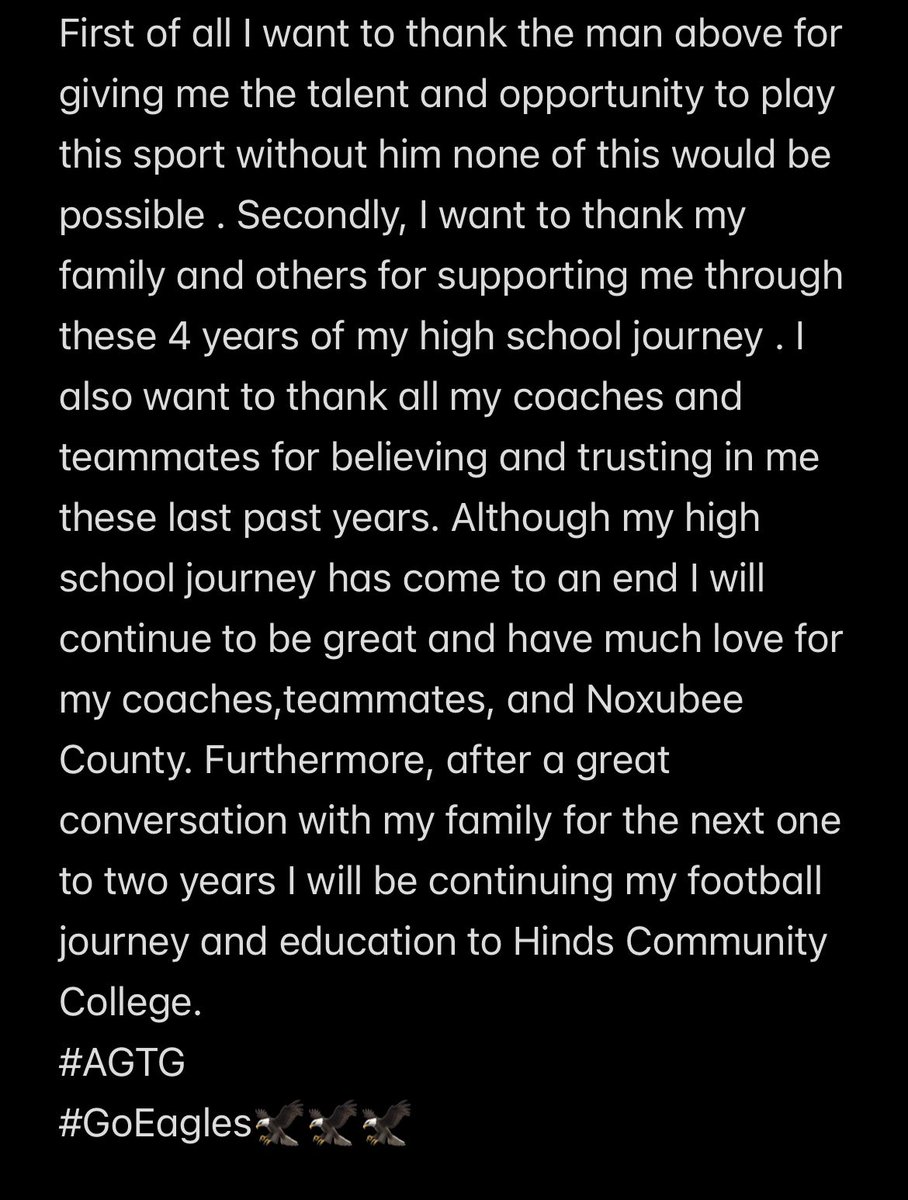 Jaylenk05's tweet photo. 1000% committed let’s work!!🦅🦅🦅#AGTG @Coach_OC14 @HindsCC_FB https://t.co/6RR8JvMuKp