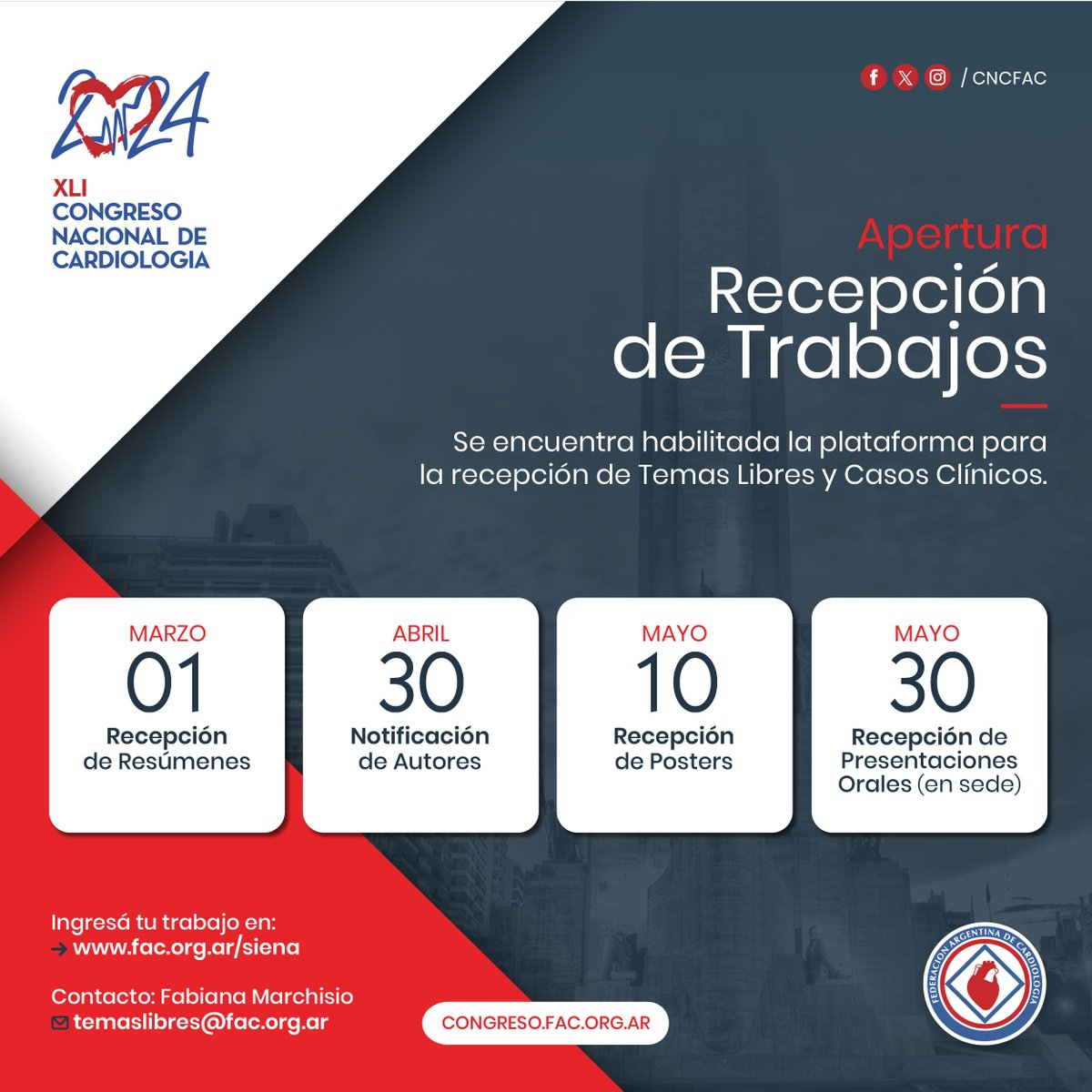 📝APERTURA DE RECEPCIÓN DE TRABAJOS
Se encuentra habilitada la plataforma para la recepción de Temas Libres y Casos Clínicos.

📌 Más info: congreso.fac.org.ar/trabajos.html