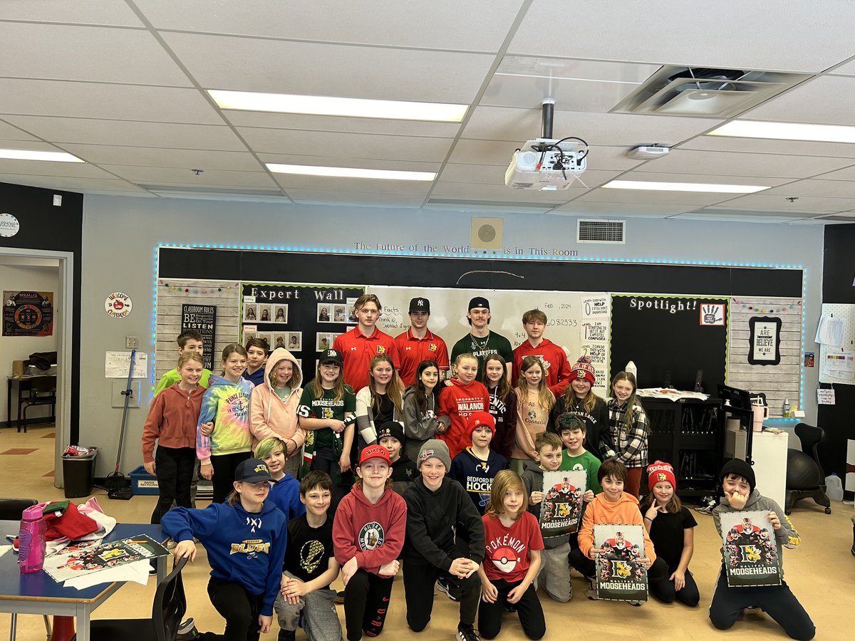 HFXMooseheads's tweet photo. Captain Jake Furlong was joined by David Moravec, Dylan MacKinnon &amp; Jake Todd this morning for a great visit with the students at Holland Road Elementary in Fletchers Lake.  #GoMooseGo https://t.co/Rox23KbFxi