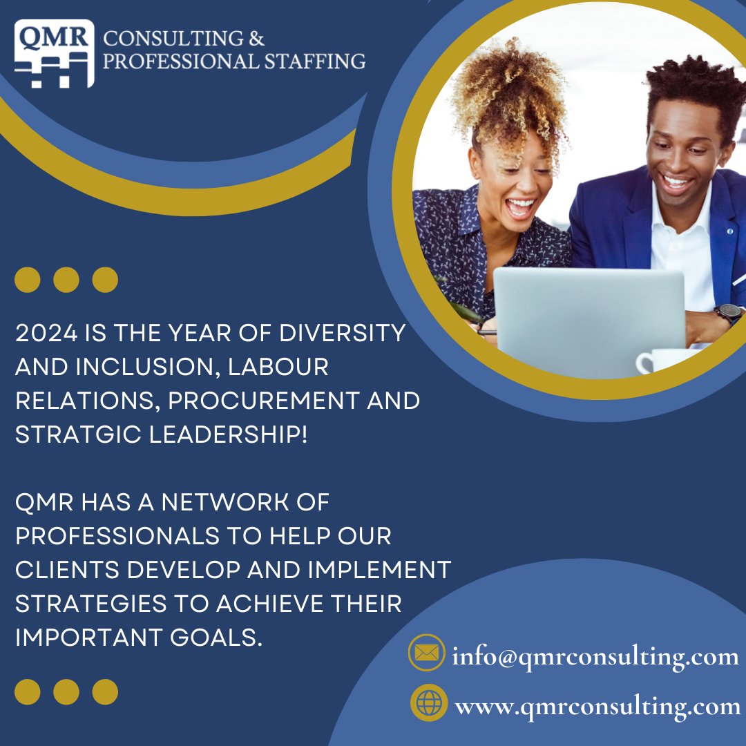 QMRconsulting's tweet photo. Roles in Strategic Leadership, Diversity and Inclusion, Labour Relations, and Procurement are on the rise in 2024. Partnering with QMR gives you access to our roster of EX-level consultants to help you stay ahead of the curve. Email us to get started: info@qmrconsulting.com https://t.co/hF1FyEbvf5