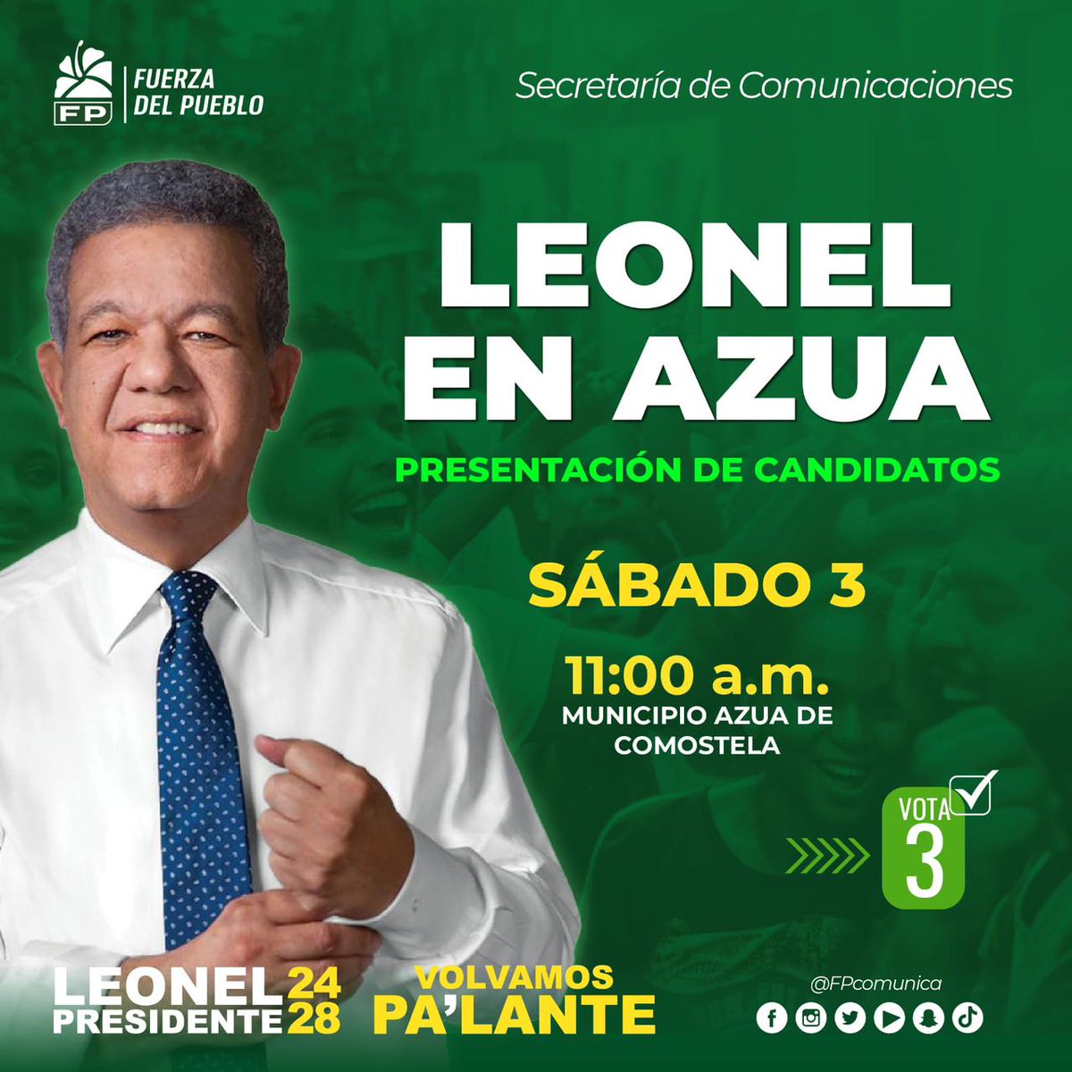 Este fin de semana, Leonel Fernández recorrerá el Sur del país en apoyo a los candidatos municipales. ¡Tu voto es tu voz súmate! #CaravanaFP #VolvamosPaLante
<a href="/LeonelFernandez/">Leonel Fernández</a> <a href="/FPcomunica/">@Fuerza del Pueblo (FP)</a>
#FuerzaDelPueblo #Vota3
#SeVan