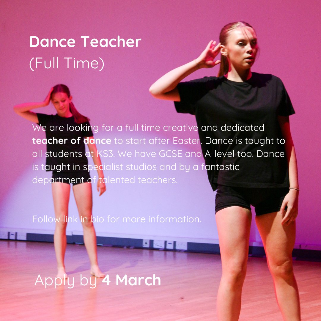 Ever wanted to teach dance in a school where the arts are valued, at KS3, 4 & 5, in specialist studios and alongside dedicated colleagues? Well, now's your chance! Apply by 4 March. Follow link in bio for more information. Please share. tes.com/jobs/vacancy/-…