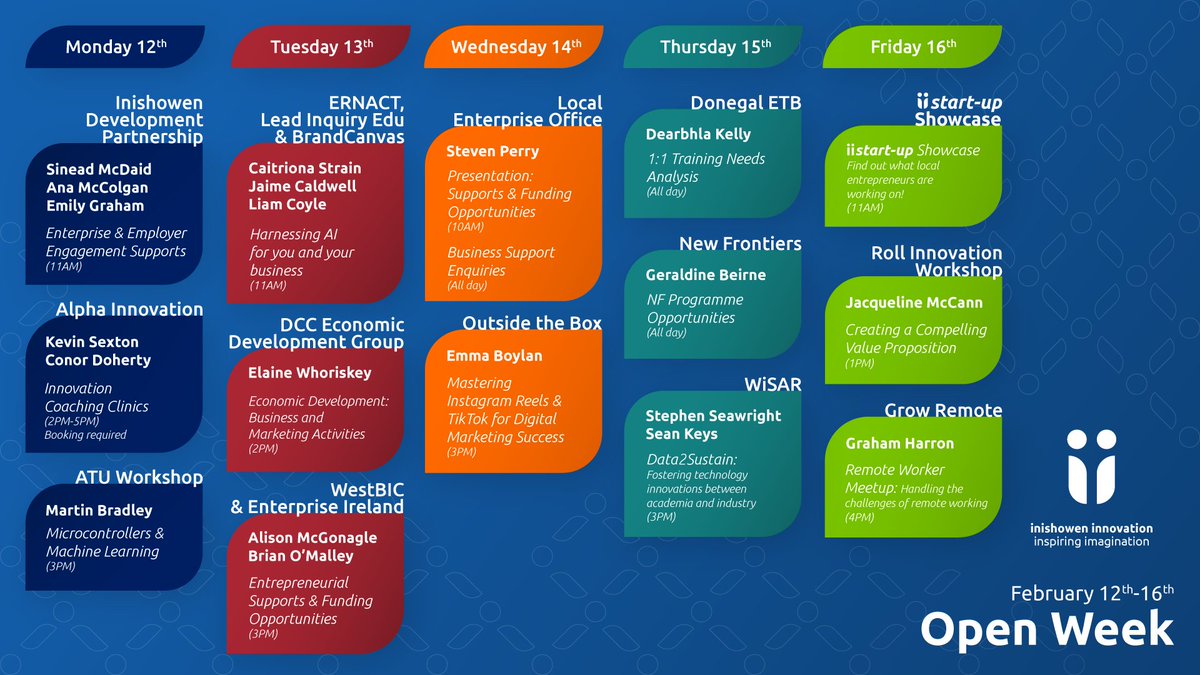 Don't forget that we are organising an #OpenWeek next week at #theii in #Buncrana! Check the agenda that we have prepared for you! Come and visit us, no need to register! Discover #inishoweninnovation 

 theii.com
