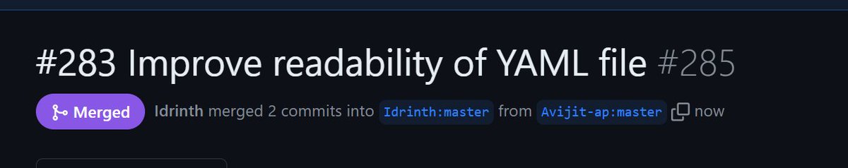 jit1873's tweet image. Just got my first contribution merged into an open-source project! 🎉 Thanks to @idrinth for the support. 
Although it&apos;s a very minor contribution but learned a lot.

#OpenSource #FirstContribution