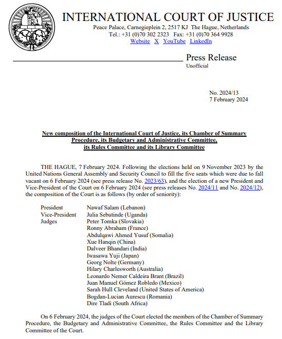 PRESS RELEASE: the #ICJ announces the new composition of the Court, its Chamber of Summary Procedure, its Budgetary and Administrative Committee, its Rules Committee and its Library Committee tinyurl.com/msf9vm3k