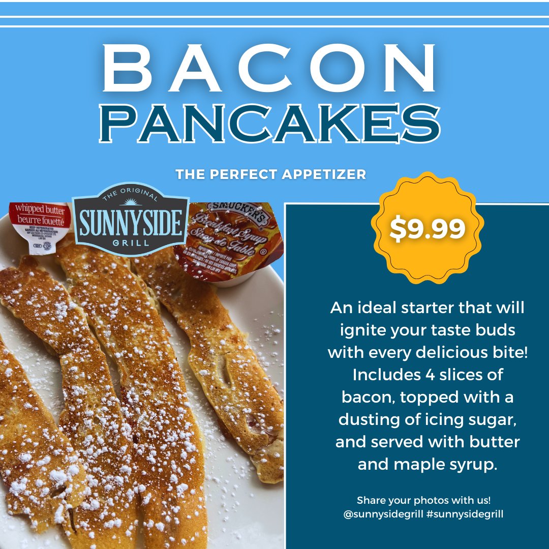 Introducing: 🥞🥓 BACON PANCAKES: A limited-time sensation! 🔥

Satisfy your cravings with this perfect appetizer! 

$9.99!
Available at all #SunnysideGrill locations