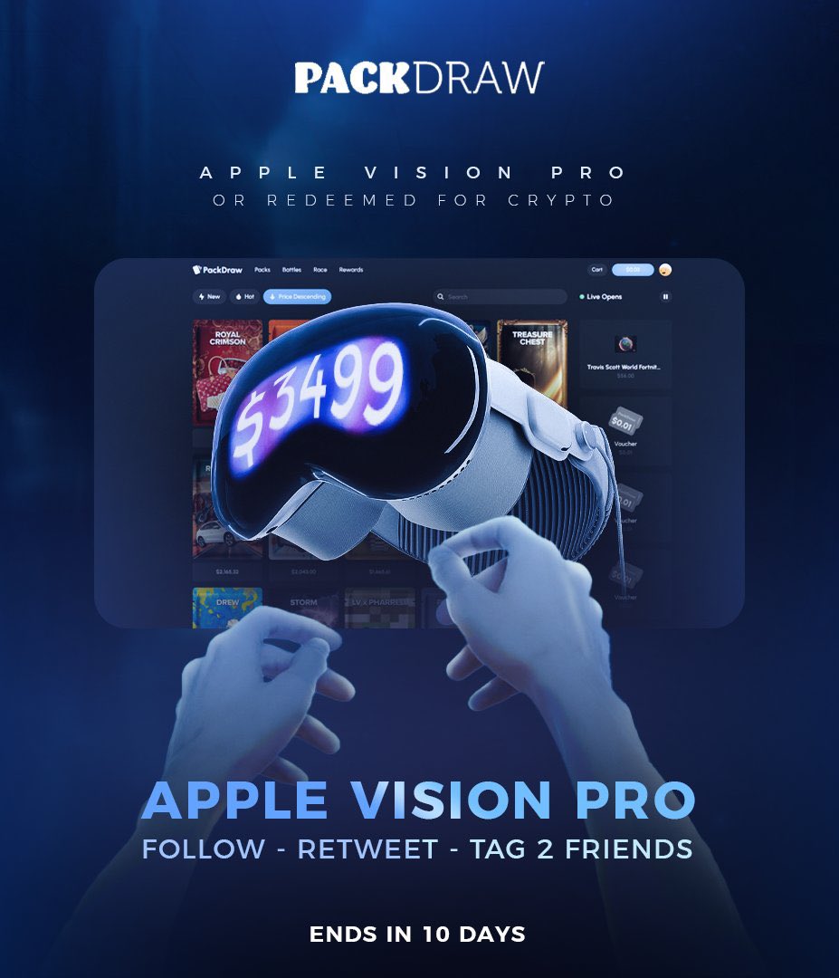 PackDraw's tweet image. 🍏 Apple Vision Pro Giveaway 🍏

- Follow
- Retweet
- Tag 2 friends

Rolls in 10 days ⏰  #packdraw