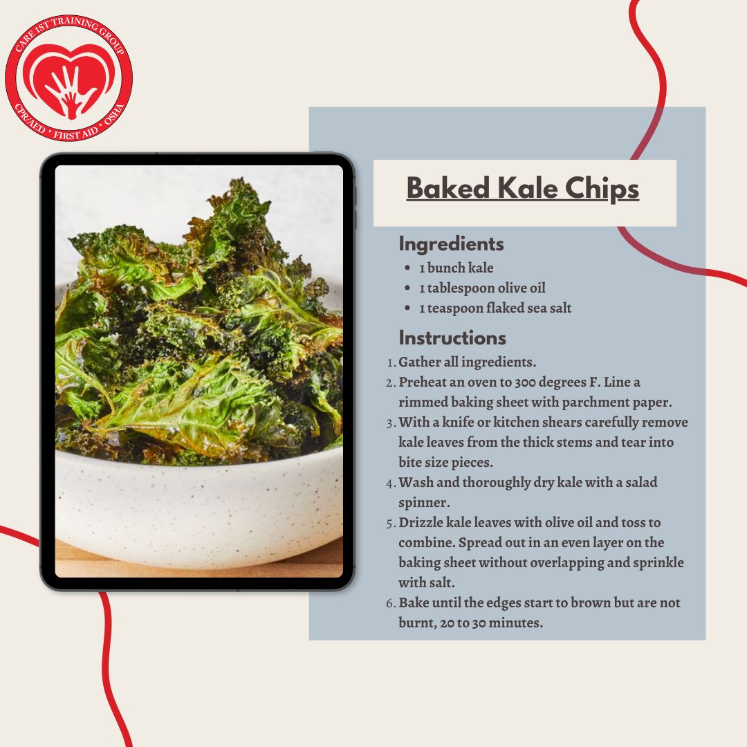 Care1stCPR's tweet photo. Crunchy, crispy, and oh-so-delicious! πΏ Try this easy recipe for Homemade Baked Kale Chips! Perfect for guilt-free snacking any time of the day. Satisfy your cravings and nourish your body with this nutritious treat. #KaleChips #HealthySnacking #Care1stCPR #Care1stTrainingGroup https://t.co/1NBGRFMHVy