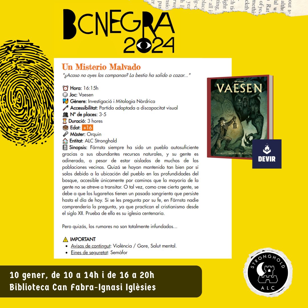 ALC_Stronghold's tweet photo. @bibcanfabra @BibliotequesBCN @bcnliteratura @bcnegra @HTPublishers @DevirCat @DevirIberia Per la tarda tenim varies partides de #rol disponibles! #Vaesen, #Hardboiled, #BrindlewoodBay i #XD6, totes inspirades en la novel·la negra o políciaca: amb molt misteri i investigació, t'hi animes?
Inscriu-te a https://t.co/HfGOXIMZil
t'esperem per la tarda a la @bibcanfabra https://t.co/8tZiH6aRhf