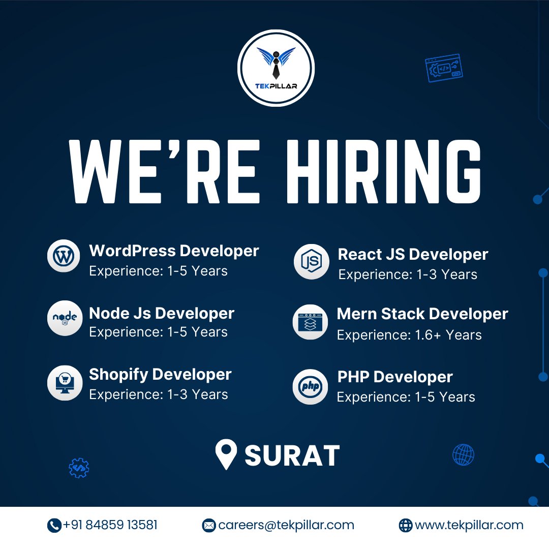 tekpillar's tweet image. 🌟 Tech Talents Wanted: Unleash Your Potential in Surat, Gujarat! 🚀

#TechJobs #DeveloperOpportunities #SuratTechScene #ITCareer #TechInnovation #CodingLife #JoinOurTeam #CareerGrowth #TechTalent #WebDevelopment #WordPressDeveloper #ReactJSDeveloper #NodeJSDeveloper