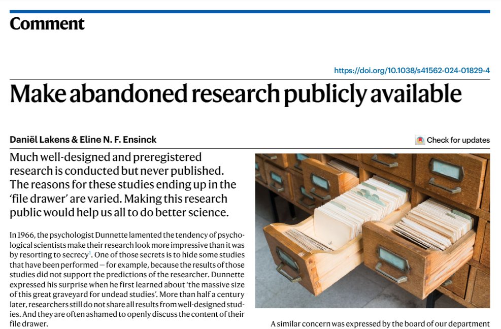lakens's tweet photo. New comment in Nature Human Behavior with my former bachelor student Eline Ensinck: "Make abandoned research publicly available". We argue it is time to be honest about the content of our file drawers, and the varied reasons studies remain unshared. https://t.co/rZKDKPcTwE > https://t.co/5FOpoFe98e