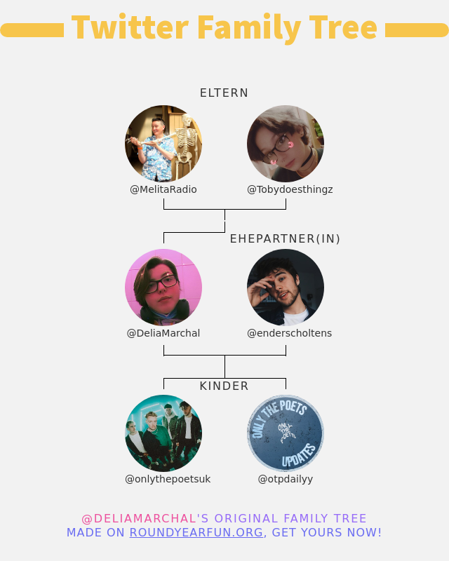 👨‍👩‍👧‍👦 meine Twitter-Familie:
👫 Eltern: @MelitaRadio <a href="/Tobydoesthingz/">Ty</a>
👰 Ehepartner(in): <a href="/enderscholtens/">ender scholtens</a>
👶 Kinder: <a href="/onlythepoetsuk/">only the poets</a> <a href="/otpdailyy/">Only The Poets Updates would do it again.</a>

➡️ funxgames.me/twitterfamily?…