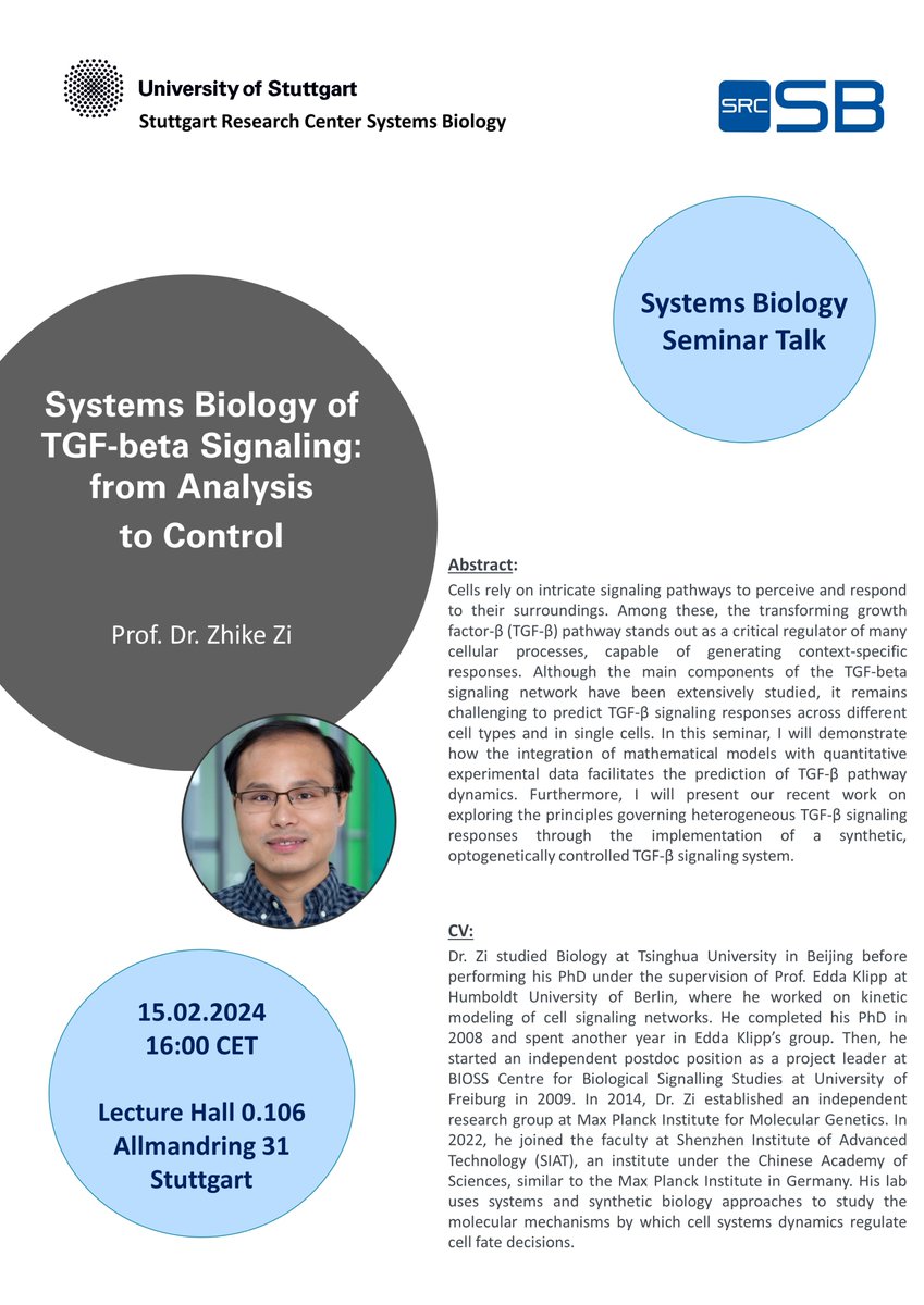 srcsb's tweet image. After a great lecture program so far, we are already announcing the last speaker of our seminar series &quot;Systems Biology&quot; in the winter semester 2023/2024: Prof. Zhike Zi
