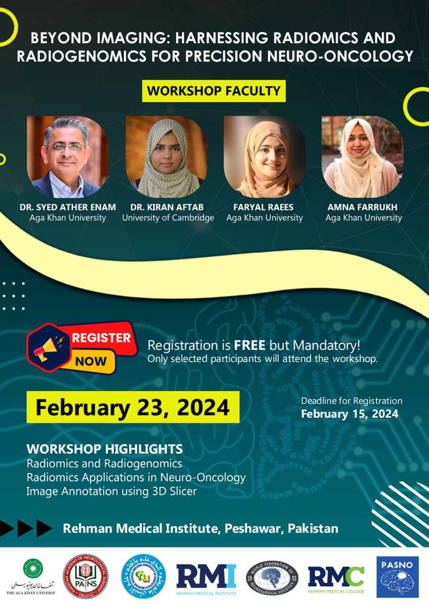 Muhammad Awais Khan (@__awaiskhan_) on Twitter photo π§ Join us at the "Beyond Imaging" workshop hosted by <a href="/AKUGlobal/">Aga Khan University</a> and <a href="/RMIOfficial/">RMI Official</a>!
Register to learn some cool stuff like using 3D slicer for image annotation and radiomic feature extraction. π§ π¬
#AI #NeuroOncology π§ Join us at the "Beyond Imaging" workshop hosted by <a href="/AKUGlobal/">Aga Khan University</a> and <a href="/RMIOfficial/">RMI Official</a>!
Register to learn some cool stuff like using 3D slicer for image annotation and radiomic feature extraction. π§ π¬
#AI #NeuroOncology