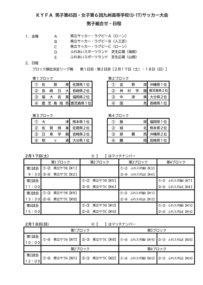 新人戦九州大会 組合せ 第4ブロック 飯塚(福岡1位) 城北(熊本2位) 那覇西(沖縄2位) 鵬翔(宮崎1位)