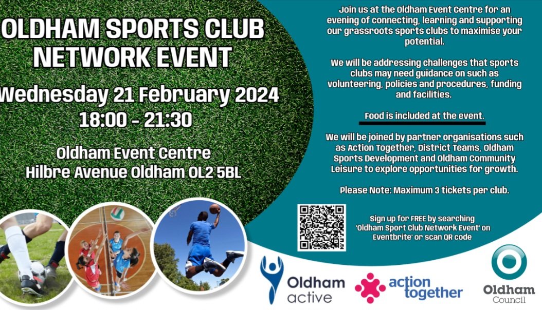 Only 2 weeks go until the Oldham Sports Club Networking Event. If you are a grassroots club within Oldham, learn about support accessing volunteers, polices and procedures, funding and facilities. 

Sign up below.