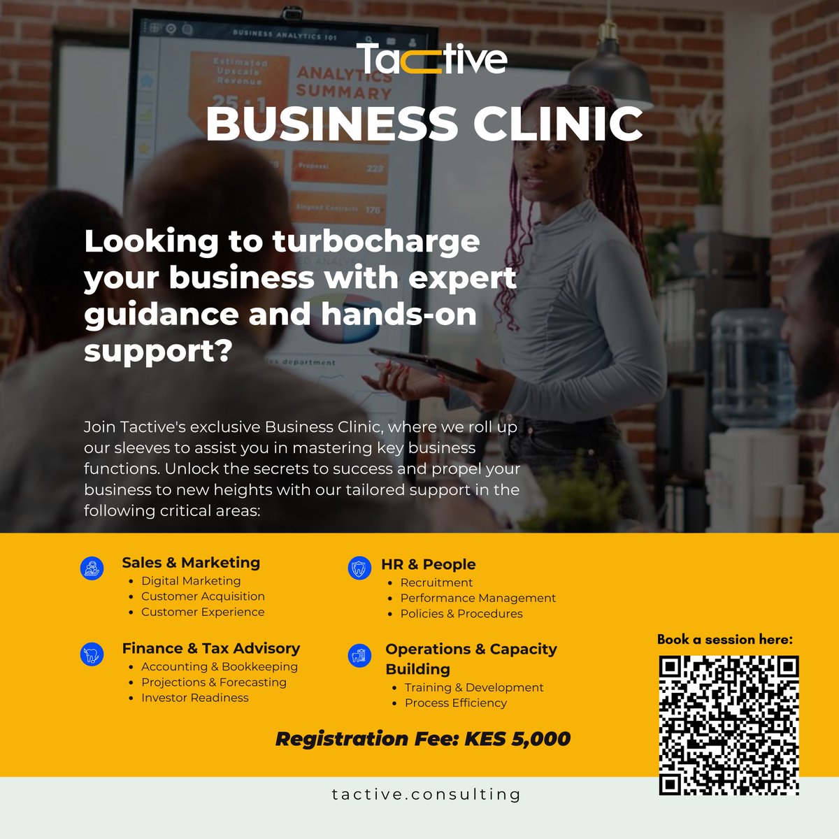 Rev up your business engine with Tactive's Business Clinic! 

Our hands-on support unlocks success secrets in key areas: 
Sales &amp; Marketing, 
Finance &amp; Tax Advisory, 
HR &amp; People, and Operations &amp; Capacity Building. 

Propel your business to new heights today!
#Entrepreneurship