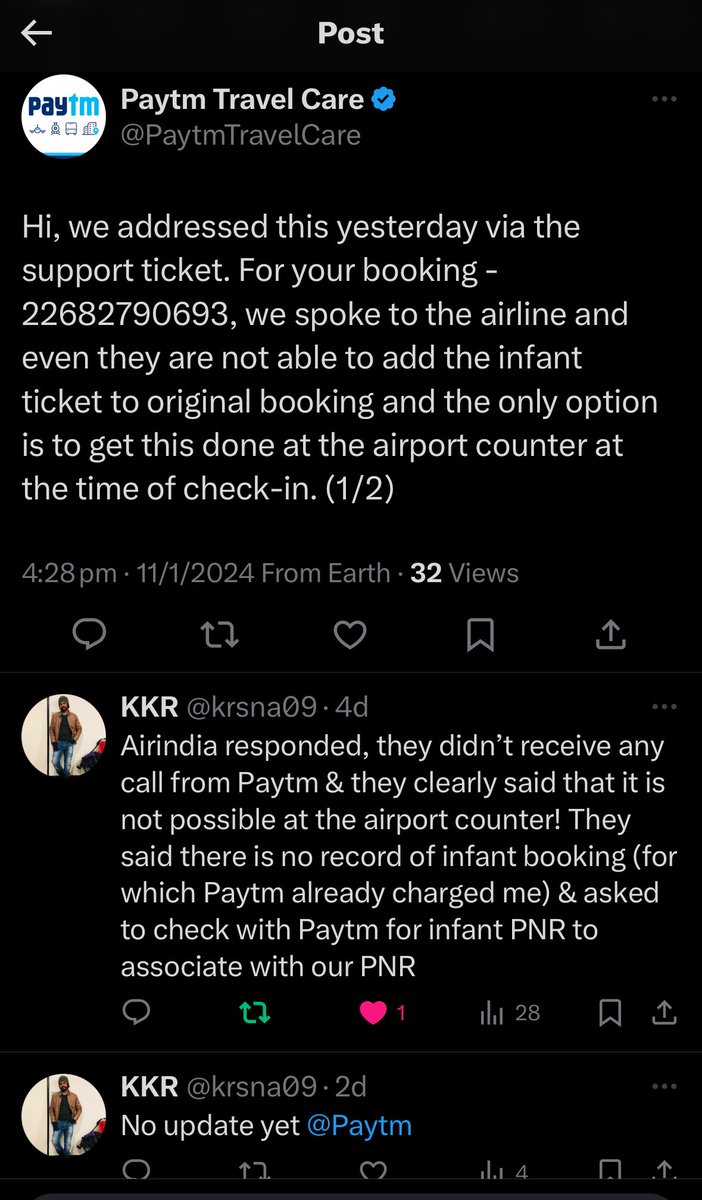 krsna09's tweet photo. @PaytmTravelCare it has been 4 days and there is no update on my issue ! 
Please help to update ! I’m travelling with an infant and you guys did not booked my ticket properly and now I’m wasting my time running behind for an update ! @Aviation_India @jagograhakjago @PaytmTravel https://t.co/ybHjHROQHi
