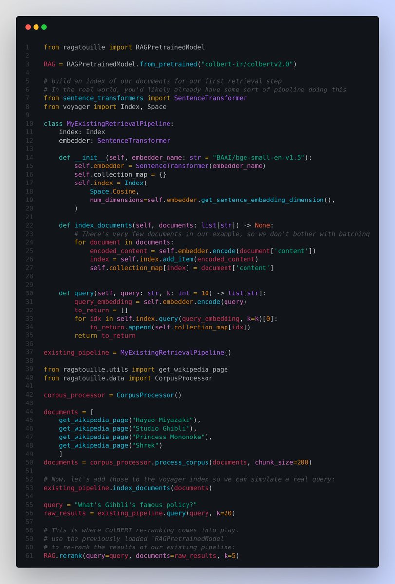 rohanpaul_ai's tweet photo. Reranking with RAGatouille library using ColBERT - quick nice use case 💡

📌 Re-rank documents retrieved by another retriever, such as your existing RAG pipeline

📌 The example in the code will use the `RAGPretrainedModel` wrapper class which  Allows you to load a pretrained model from disk or from the hub, build or query an index.

------

📌 In the last line of the attached code(in the image) after running the `rerank()` method - The relevant extract is now all the way at the top of the results, ready to be passed to the rest of your pipeline!

So why not just use `rerank()` on the whole index if it's so good? Because that is NOT efficient.

📌 ColBERT is an extremely fast querier, but it needs to have an index built to do so. When you're using ColBERT to rerank documents, it's doing it index-free, which means it needs to encode all your documents and queries, and perform the comparison on the fly. This is fine for a handful of document on CPU or a few hundreds on GPU, but it's going to take exponentially longer as you add more documents!

📌 Re-ranking the results of another retrieval method is a good compromise: it allows you to leverage ColBERT's power without having to modify the rest of your pipeline, just increase the `k` value of your retriever and let ColBERT rescore them!