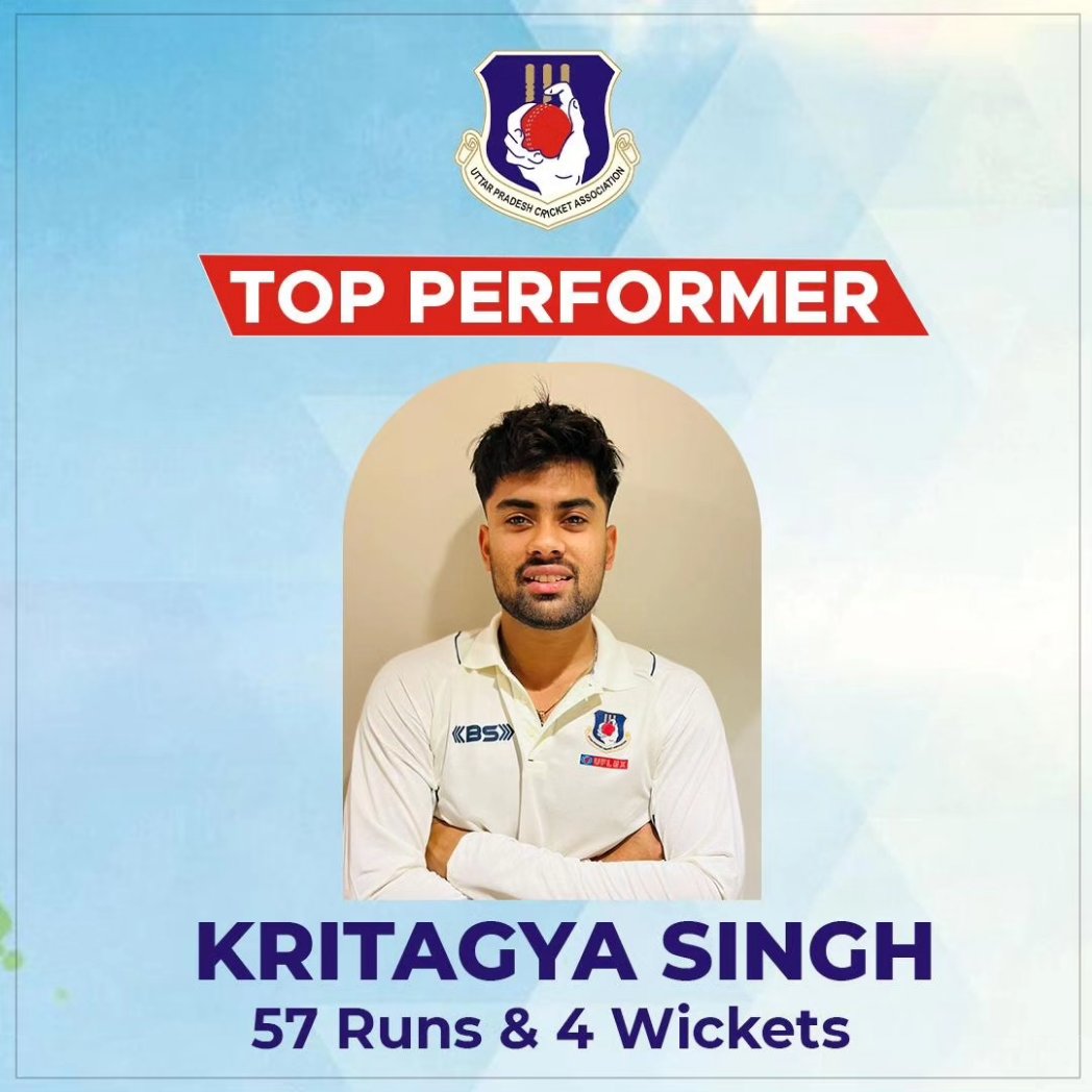 Absolute brilliance on the field! 🔥 Swastik Chikara with a powerful 86, Aditya Sharma's solid 56, Prashant Veer's all-round performance with 53 runs and 2 wickets, Kritagyata Singh's fantastic 57 and 4 wickets, Outstanding teamwork! 👏🏏 
#CricketStars #TopPerformance #UPCA