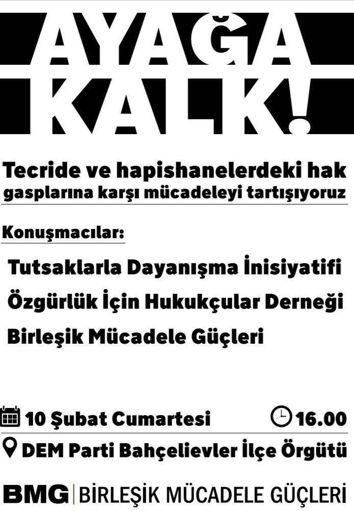 PartizanMerkez1's tweet photo. 📍
İstanbul
Tecride ve hapishanelerdeki hak gasplarına karşı mücadeleyi tartışıyoruz!
Ayağa Kalk!
📆10 Şubat Cumartesi 
⏰16.00
📌DEM Parti Bahçelievler İlçe Örgütü https://t.co/X0zwEmkkdW