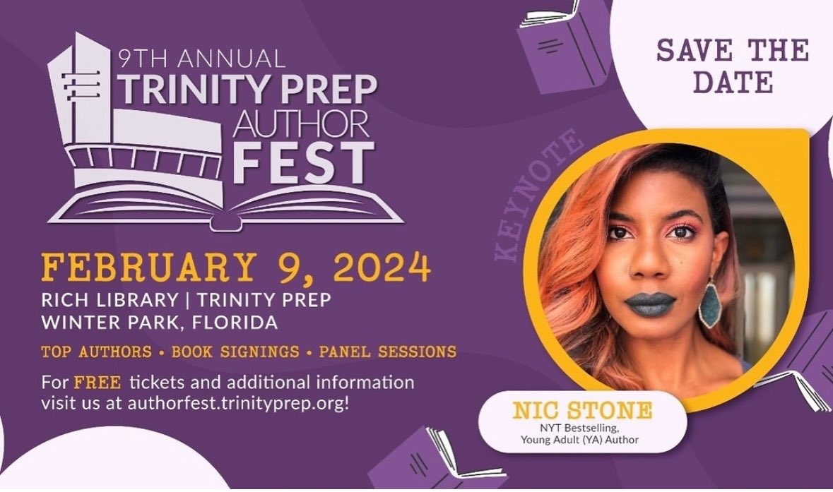 Looking forward to ⁦@TrinityPrepFL⁩ Author Fest this Friday! Excited to hear Nic Stone and talk books with ⁦@AlysonGerber⁩, ⁦@marimancusi⁩, ⁦@ChristinaDG⁩, ⁦@AuthorStuGibbs⁩ and ⁦@TarynSouders⁩