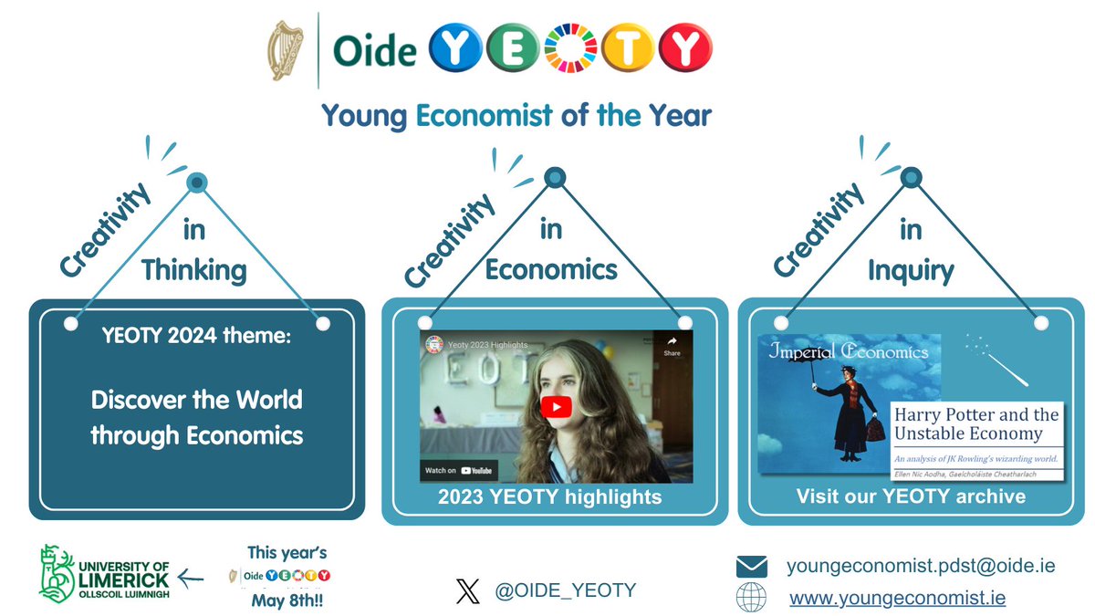 Oide Business Subjects Post-primary (@oide_business) on Twitter photo 3 weeks to go to the 2024 YEOTY project deadline of March 1st.
Submission portal will open soon.
YEOTY promotes creative and critical thinking in economics.
👇
youngeconomist.ie/yeoty-archive
YEOTY 2023 highlights👇
youtube.com/watch?v=nMCnj9…
<a href="/Oide_Creativity/">Oide Creativity</a> <a href="/econrachel/">Rachel Farrell</a> <a href="/Economics_UL/">Economics Department UL</a> 3 weeks to go to the 2024 YEOTY project deadline of March 1st.
Submission portal will open soon.
YEOTY promotes creative and critical thinking in economics.
👇
youngeconomist.ie/yeoty-archive
YEOTY 2023 highlights👇
youtube.com/watch?v=nMCnj9…
<a href="/Oide_Creativity/">Oide Creativity</a> <a href="/econrachel/">Rachel Farrell</a> <a href="/Economics_UL/">Economics Department UL</a>