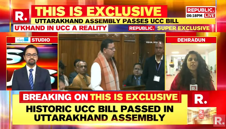 republic's tweet photo. #BREAKING | Celebrations have begun outside Uttarakhand assembly as the UCC Bill has been passed. CM Pushkar Singh Dhami said that the state government will try to implement the UCC as soon as possible. 

Tune in for This Is Exclusive - https://t.co/ugshaLHNuT

#Uttarakhand #UniformCivilCode #UCC