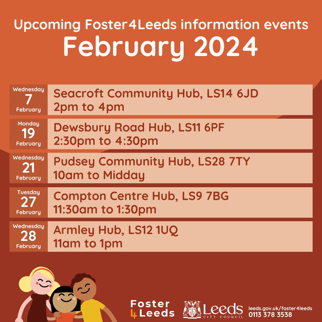 Throughout February, the #Foster4Leeds team will be hosting information events at various locations across Leeds. #Fostering with us is a rewarding experience, enabling you to help change lives. Visit one of our upcoming events to find out more 👇 leeds.gov.uk/foster4leeds/e…